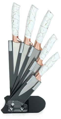 Royalford 5 Piece Kitchen Knife Rose Gold Coating with Knife Holder, Multifunctional - White