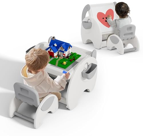 hoopyosms 4-in-1 Kids Table and Chair Set with Building Block Tray, Easy Clean Table, Watercolor Pen, Storage Space, Montessori Activity Table, Grey
