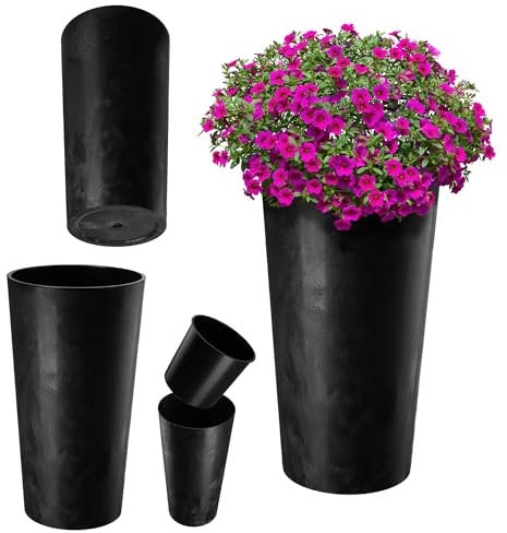 KADAX Cache-Pot décoratif béton Noir ⌀ 30 cm x H 57,5 cm, Plastique avec éclats de Bois, Insert Amovible – Design élégant pour Salon ou terrasse