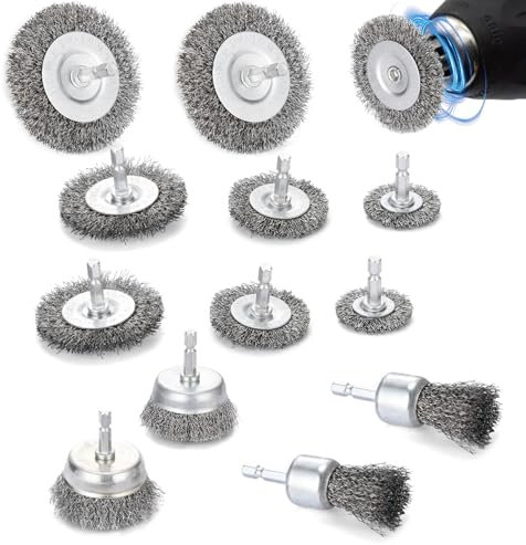 12Pcs Wire Wheel Cup Brush Drills Set, Durable Steel Wire Metal Wheel Brushes, 1/4 Inch Hex Shank Coarse Carbon Steel Wire Wheel, Tube Brush Kit for Cleaning Rust Removing Paint