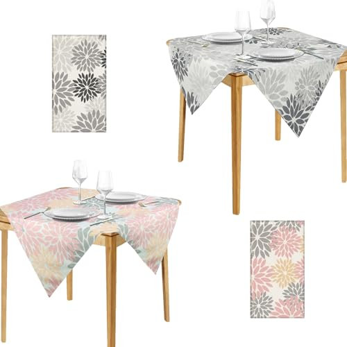 2 Stück Mitteldecke 80x80cm Blumen Grau und Rosa Tischdecke Klein Abwaschbar Tischtuch Modern Sommer Tischwäsche Quadrat Tisch Dekoration für Drinnen Urlaub Party