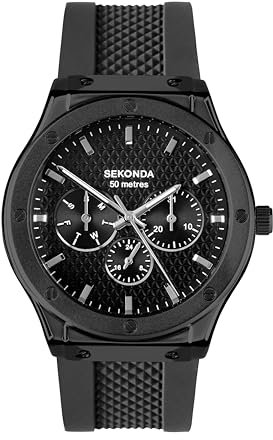 Sekonda Titan Men's 42mm Quartz Watch in Black with Analogue Day/Date Display, and Black Silicone Strap 30234