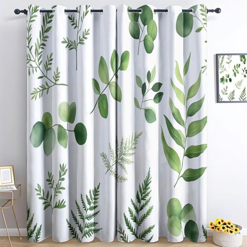 CozyRest Watercolor Eucalyptus Leaves Curtains, Green Fern Leaves Pattern Microfiber Thermal Eyelet Blackout Curtain for Living Room Home Decoration Set of 2 Panels 46” W x 72” L