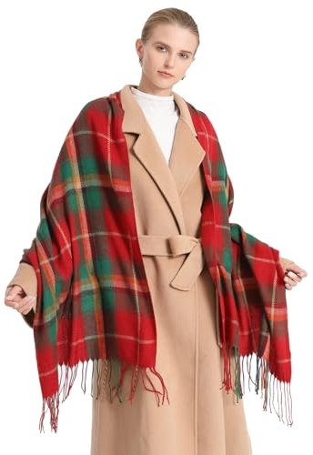 Miss Lulu Echarpes Femme Hiver Chaud en Carreaux Doux Foulard Châle écharpe épais Pull Châle Mode écharpe Longue Grand Unisexe Tartan Poncho Vintage Multicolore (Rouge et Vert)