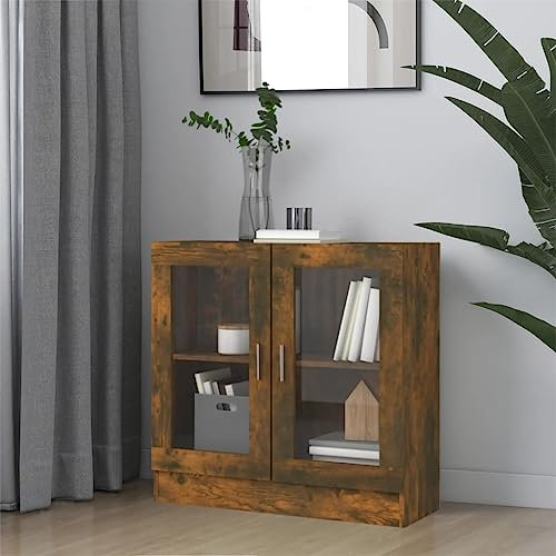 CINDERFUL Armoire à vitrine Chêne fumé 82,5x30,5x80 cm Bois d'ingénierie,Étagère avec Portes vitrées en chêne fumé Rangement Pratique et décoratif Ameublement et Décoration