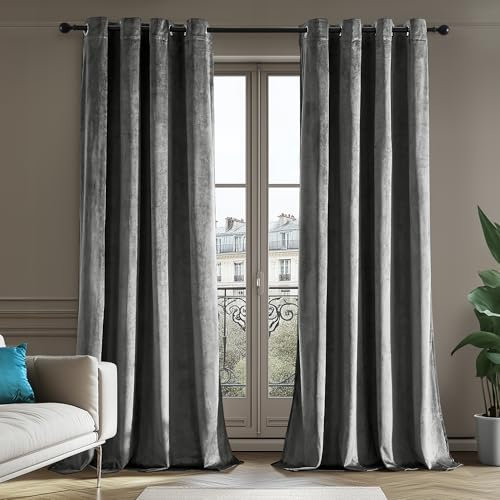 Deconovo 100% Verdunkelungsvorhänge Blickdicht Gardinen mit Ösen für Schlafzimmer Velvet Curtains Vorhang Samtvorhang Thermovorhang Samt Vorhänge Wohnzimmer, 240x140cm(HöhexBreite), Grau, 2er Set