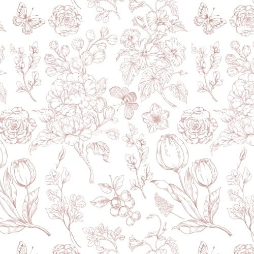 Fiula Pink Self Adhesive Wallpaper Floral Peel and Stick Wallpaper 44x300CM White Contact Paper Butterfly Tulips Thick Vinyl Wrap Waterproof Removable for Living Room Bedroom Red