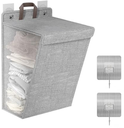 Wäschekorb Faltbar Wandmontage,Kaluofan 2 Stk Wäschekorb mit Deckel,Laundry Baskets mit Griff, Zusammenklappbare Aufbewahrung für Wäschekorb Schmal Mit Haken, Platzsparende Mehrzweckbehälter