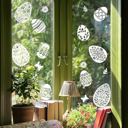 Alwayspon Doppelseitige, wiederverwendbare Oster-Fensteraufkleber, weiße Ostereier, Aquarell-Fensteraufkleber für Kinder, Zuhause, Geschäft, Dekoration und Frühlingsdekoration