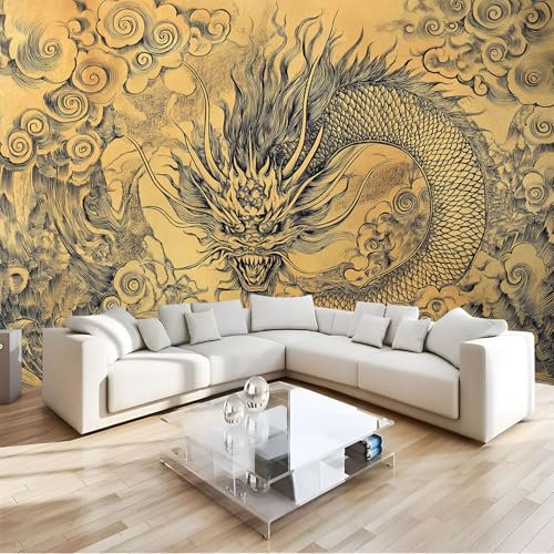 JEDTAKCT Fototapete Vintage Chinesischer Drache 260X175Cm - Seidetapete - Wandtapete - Skizze Tier Art Fototapete - Wand - Wandbilder Schlafzimmer Wohnzimmer Bildtapete Foto Tapete