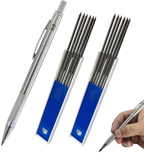 PMELCXD Porte Mines 2mm Crayon automatique tout métal 2mm avec 12 mines 3.0mm (2B) + taille-crayon + design ergonomique + idéal pour artistes, étudiants et professionnels + confort d'utilisation