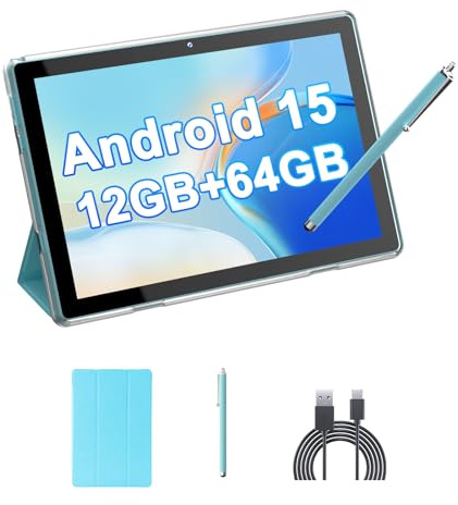 HOTTABLET Tablet 10-inch Android 15, RAM 12GB(4+8Expand) +ROM 64GB, 2+8MP Dual Camera, 6000mAh Battery (Tablet+case+Stylus)(Blue)