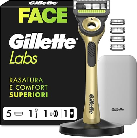Gillette Labs 8 Lamette da Barba di Ricambio a 5 Lame per il Rasoio Barba Manuale Gillette Labs Con Barra Integrata, Rasatura Profonda e Duratura, Comfort e Profondità | Manico in Acciaio Inossidabile con Barra Integrata, 5 Ricambi con Base Magnetica