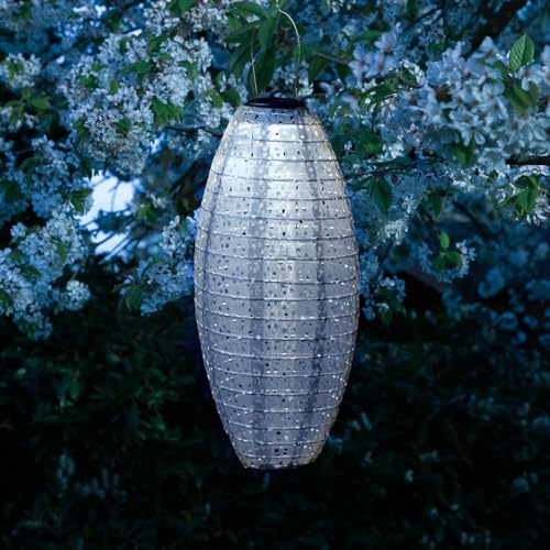 LED Solar Lampion oval mit Blumenmuster blau 25cm für Party Balkon Terrasse outdoor Gartenlampion mit Sensor wetterfeste Solarlampe hängend Laterne (blau - 1 Stück (oval))