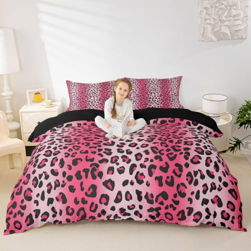 Pink Leopard Duvet Cover Set Double Size Wild Animals Skin Bedding Set for Boys Girls Bedroom Decoration,Soft Pink Gradient Comforter Cover with 2 Pillowcases,Comforter Not Included