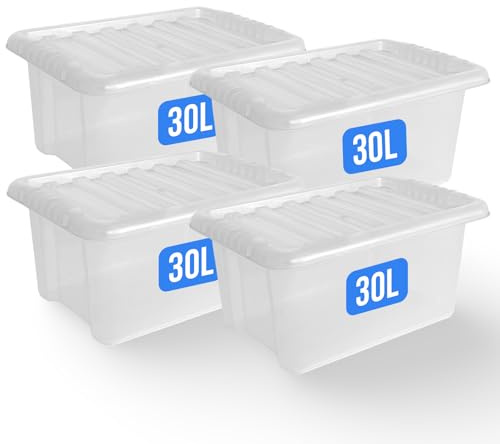 KAPCO Organisational Tubs – 4 x 30L Plastic Storage Boxes with Secure Lids | Medium Clear Plastic Storage Solution Ideal for Toys, Wardrobe & Kitchen Organiser | Strong, Stackable, Nestable | 30 Litre