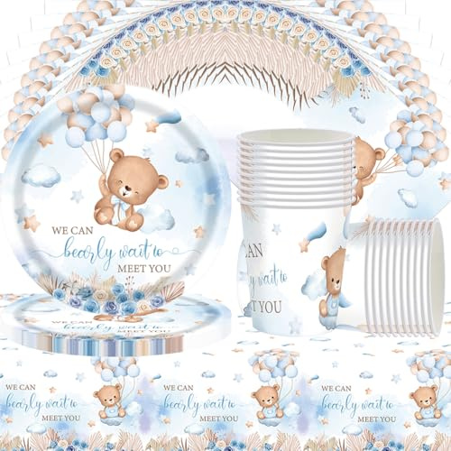Set di 61 stoviglie per feste a tema orso, composto da decorazioni di compleanno con motivo orso e stoviglie per baby shower, compresi tovaglioli, bicchieri di carta, piatti di carta e tovaglie