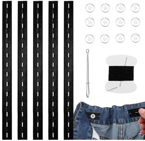 Tweruna 6 Sets Elastic Waist Band Tightener for Pants with 12 Buttons, Elastic with Button Holes Black Waist Adjuster with Sewing Kit, For Jeans, Pants, Skirts, Dresses