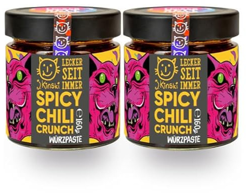 J.Kinski Bio Chili Crunch 2x 160g – Crispy Chili Oil mit Szechuan-Pfeffer | Spicy Chili Öl mit Erdnüssen zum Marinieren von Fleisch, Würzen von Ramen Suppen & als Pesto – asiatische Würzsauce, vegan
