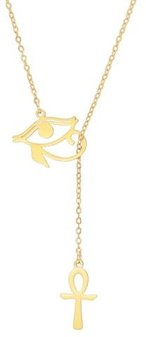 EUEAVAN Ankh-Kreuz-Y-Halskette Schlüssel des Lebens Auge des Horus Anhänger Kartusche Lange Kette Schutz koptisches Amulett Altägyptischer religiöser Schmuck Geschenk