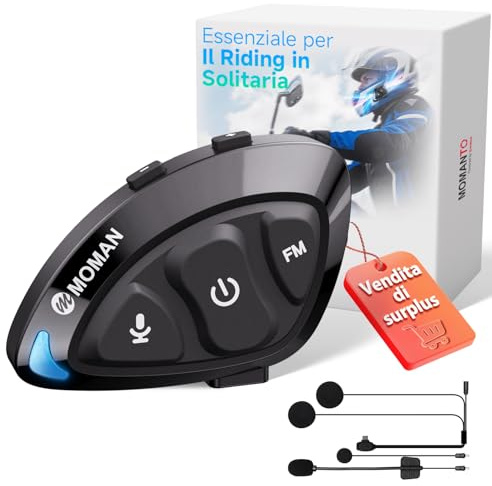 Moman Headset für Motorradhelm, RS-S Kompakt Motorrad Headset mit HI-FI Lautsprecher Geräuschunterdrückung/FM-Radio/KI-Sprache/Freisprechanrufen/IPX6 Wasserdicht Kopfhörer Motorrad für Einzelfahrer