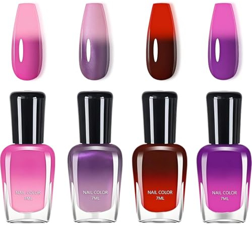 4PCS Color Changing Nail Polish Set, Temperature Activated Quick Dry Nail Varnish with Glitter, Long-Lasting DIY Nails Polish for Women No UV Lamp Needed