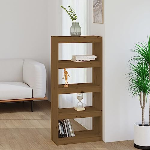 YunCangg Bücherregal Raumteiler Honigbraun 60x30x135,5 cm, Massives Kiefernholz mit 4 Fächern, Standregal für Bücher, DVDs & Deko