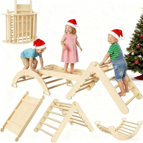 GarveeHome Dreieckiges 7-in-1-Set, zusammenklappbare Kletterspiele für Kinder, Kletterset aus Holz mit Bogen, Rampe und Leiter, Baby Climber, Jungle Indoor-Gyms für Kleinkinder