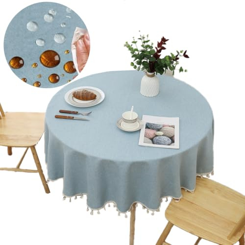 Tischdecke Rund 140 cm, Tischdecken Rund, Leinenimitat Tischdecken mit TPU-Folienbeschichtung, Fleckschutz, Abriebfest, Abwaschbar, Tischdecke Runde Garten,fur Esszimmer,Balkon(Hellblau)