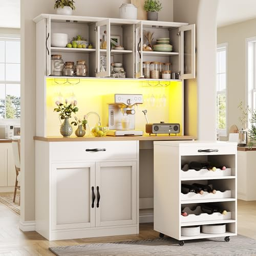 Qsddk Küchenschrank mit Weinglasregal und Weinregal Beweglich | Für Esszimmer und Küchen, Mit Arbeitsplatte und LED-Beleuchtung, Küchenschränke mit Schubladen, 180x140x38 cm, Weiß