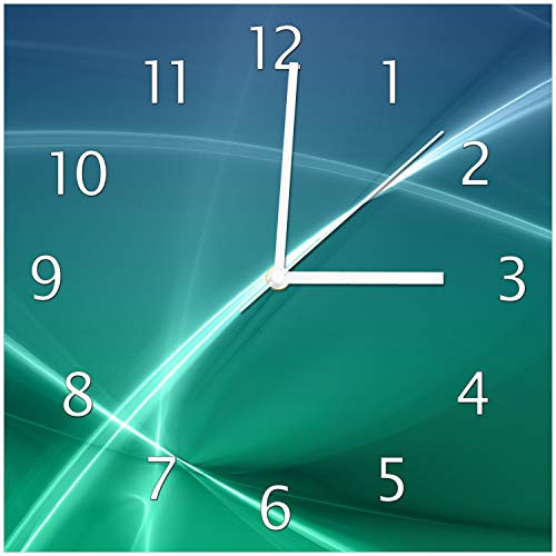 Wallario Design-Wanduhr Abstrakte Formen und Linien in blau grün türkis aus Glas, Motiv-Uhr Größe 30 x 30 cm, weiße Zeiger