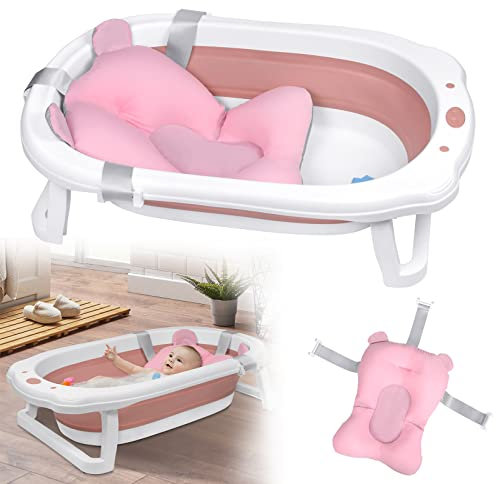 LZQ Babybadewanne Babywanne Baby Badewanne Faltbar mit Babywannenmatte Babybadenetz Entwässerungsloch, Stabil Rutschfest Tragbar Geeignet für 0-8 Jahre Alt Babys Kinder (Rosa)