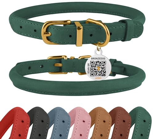 BRONZEDOG Hundehalsband aus gerolltem Leder mit QR-ID-Tag, verstellbar, weiche runde Halsbänder für kleine, mittelgroße und große Hunde, Welpen, Katzen (Smaragdgrün, 40-48 cm)