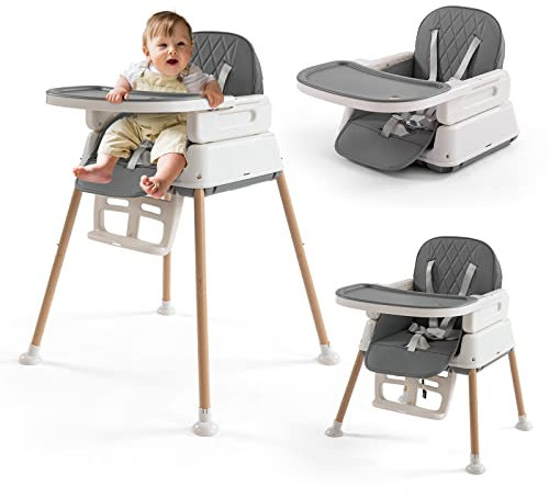 3-in-1 umwandelbarer Baby-Hochstuhl mit verstellbarem Futtertablett, 5-Punkt-Gurt, Fußstütze, tragbar, Grau