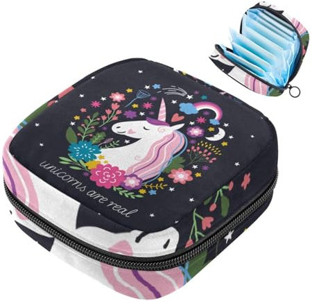 Süße Einhörner sind echte Blumen, Damenbinden-Aufbewahrungstasche, große Menstruationstassen-Tasche mit Reißverschluss, Periodeneinlagen, Tasche, Slipeinlagen, Tampons für Mädchen und Frauen