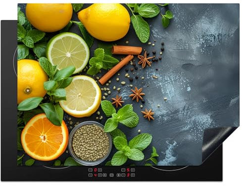 KitchenYeah© Protège Plaque Induction 71x52 cm Deco Cuisine Protection Pour Plan De Travail Cuisson Protégé Fruits - Béton - Plantes - Citron - Cannelle