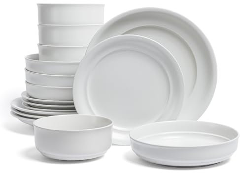 over&back Rim Dinnerware Set - Stoneware Dishes - Comes with 4 Dinner Plates, Salad Plates, Cereal Bowls, and Dinner Bowls - 16-Piece All-Occasion Place Settings - Serves Four - Semi-Matte White
