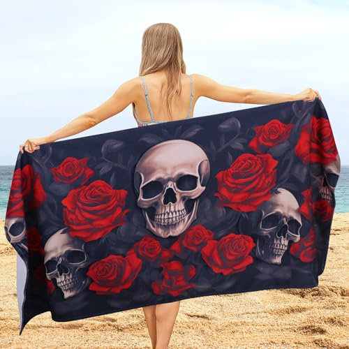 LXTOPN Mikrofaser Strandtuch, Skelett Strandtuch, schnell trocknendes Badetuch weich super saugfähig, Unisex Skelett Muster Schwimmtuch 80 * 160 (Rose Totenkopf)