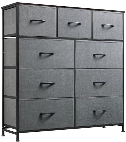 WLIVE Kommode mit 9 Schubladen aus Stoff, Kommodenschrank für Schlafzimmer, Kommode Wohnzimmer, mit Stabiler Stahlrahmen, Dunkelgrau