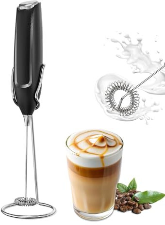 Espumador de Leche Eléctrico de mano, con Soporte Acero Inoxidable, Batidor de Café Capuchino Latté