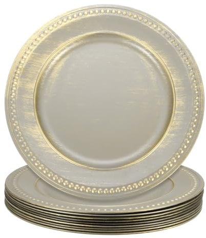 sourcing map 10pcs Vintage Charger Plates Bulk, 13 Inch Plastic Beaded Chargers for Dinner Plates Set Round Plate Charger for Wedding Party Event Table Setting Decoration, Grey
