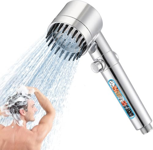 Hard Water Filter Shower Head with 15 Stage Filter, 3+1 Spray Jet Modes High Pressure Shower Head, Handheld Massage Shower Filter for Residual Chlorine Remove (Silver)