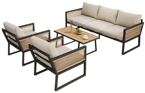 infirack Garten Loungesessel Set, 4-TLG. Gartenmöbel Set, 3er Sofa, 2 Sessel und Couchtisch, Outdoor, Tischplatte aus Kunststoffholz, Armlehnen aus geflochtenem Seil, verzinkter Stahl, Beige
