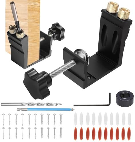 Pocket Hole Jig Kit, 47PCS Adjustable 15 Degree Pocket Hole Screw Jig, Metal Drilling Locator Woodworking Dowel Jig Kit Angled Holes Drilling Positioner Punch Locator for Carpentry, Black