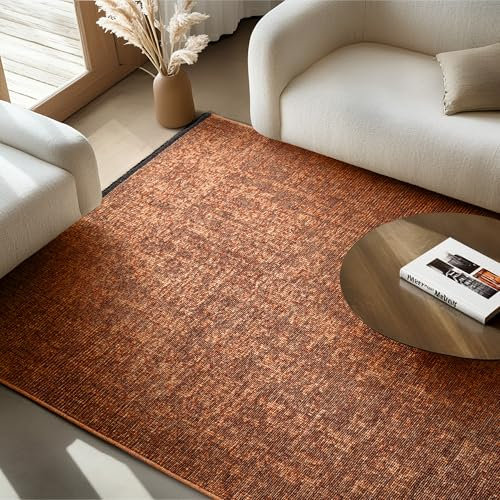 SIMPEX Chenille Teppich Baumwolle Terrakotta 200x290 cm Boho-Stil, Vintage Kelim, Waschbar, Kurzflor, rutschfest & Weich, Einfarbig Meliert, Für Wohnzimmer, Schlafzimmer, Büro & Küche