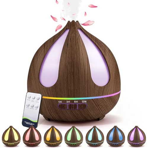 GuKKK Aroma Diffuser, 500 ml Ultraschall Befeuchter mit Fernbedienung,Aromatherapie Düfte Luftbefeuchter,7 Farben LED, Fernbedienung mit Timer-Einstellung,für Schlafzimmer,Büro (Dunkle Holzfarbe)