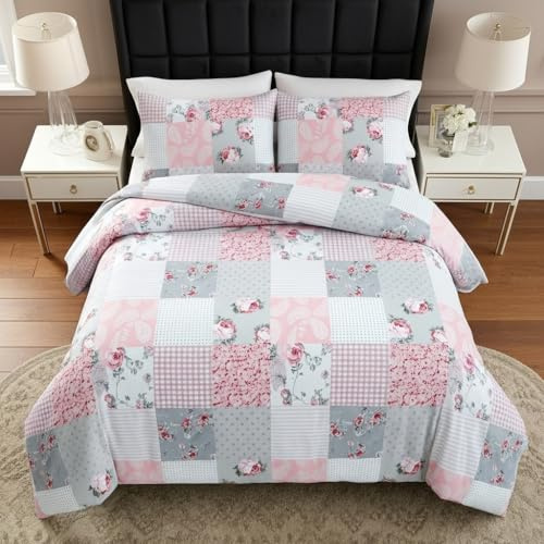 B&B Printed Duvet Cover Set, 100% Rich Cotton Comforter Cover Bedding Sets - Soft, Thick Anti-Allergy 3PCS Quilt Covers with 2 Pillow Shams (King Size, Floral Grey)