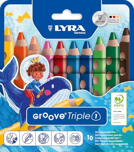 Lyra Groove Triple One LYRA Groove Triple One 3-in-1 Wooden Colouring Pencils, Triangular, Thick, Lacquered Lead, 10 mm Lead, Cardboard Case, 10 Assorted Colours, 10 Count | Wooden Coloured Pencil,wax crayon,watercolour pencil,triangular,lead 10mm,ergonomic natural grip zone