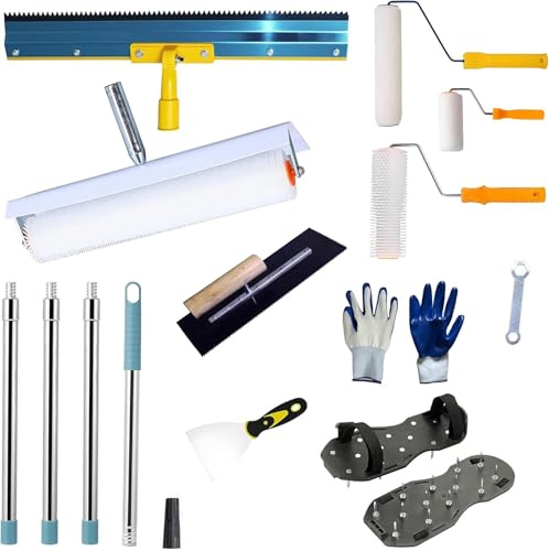 Self-Leveling Cement Tool Set with a 20-inch, 9-inch epoxy Roller, a Scraper, a Serrated self-Leveling rake, Floor Construction Spikes, and a 63-inch Extension Pole. This Combination Tool is Suitable