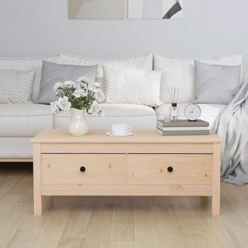 Holamys Couchtisch 100x50x40 cm Massivholz Kiefer, mit 2 Schubladen, robuster Beistelltisch für Wohnzimmer, rustikale Optik, viel Stauraum, unbehandelt